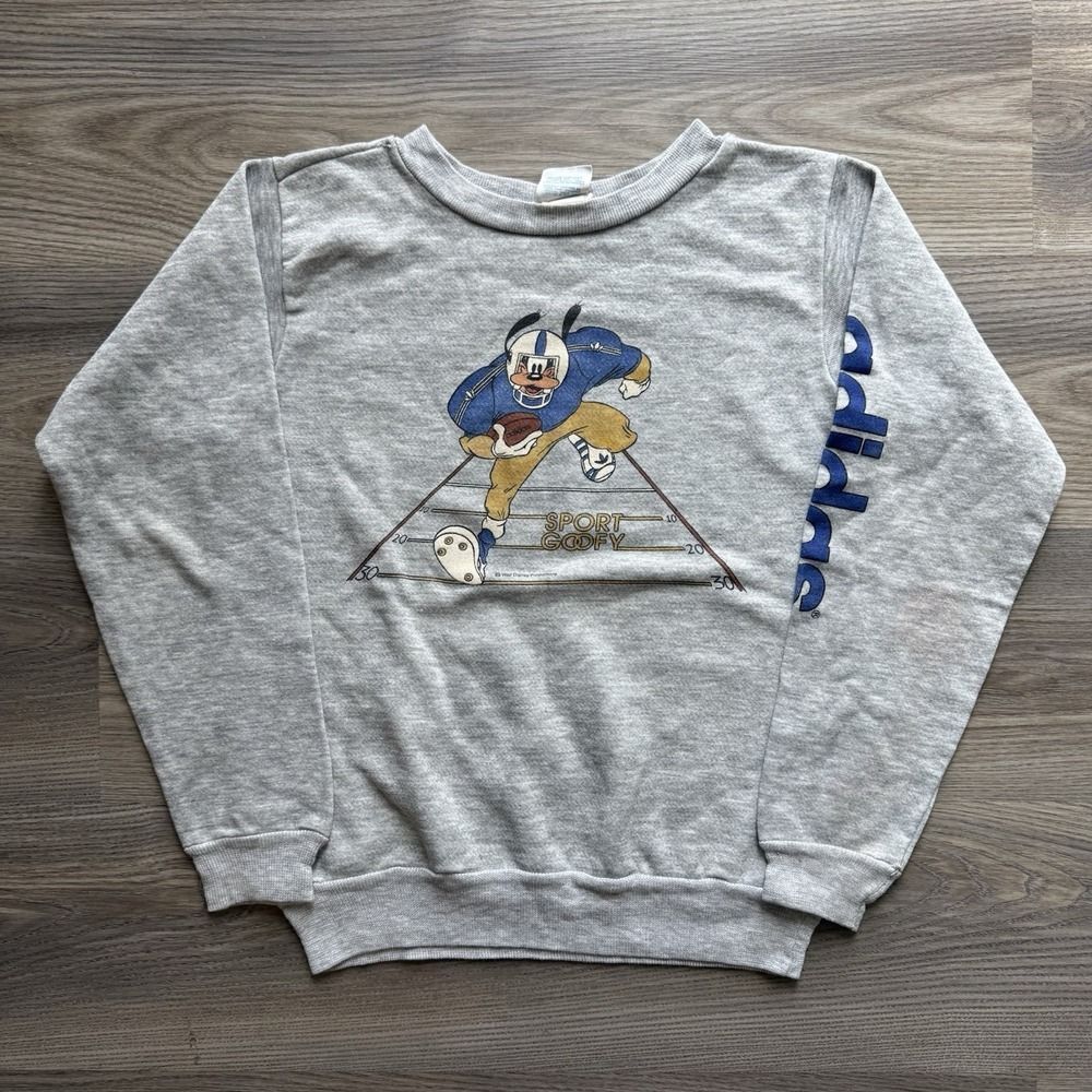 VTG 80s Adidas Disney Goofy Football Gray Crewneck Sweatshirt Tri Blend L Youth